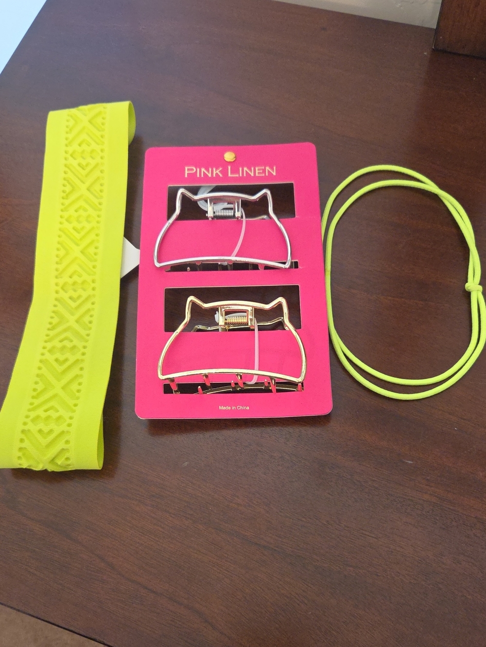 Pink Linen Neon Yellow Hair Accessory Set - Headband, Cat Clips & Elastic Band